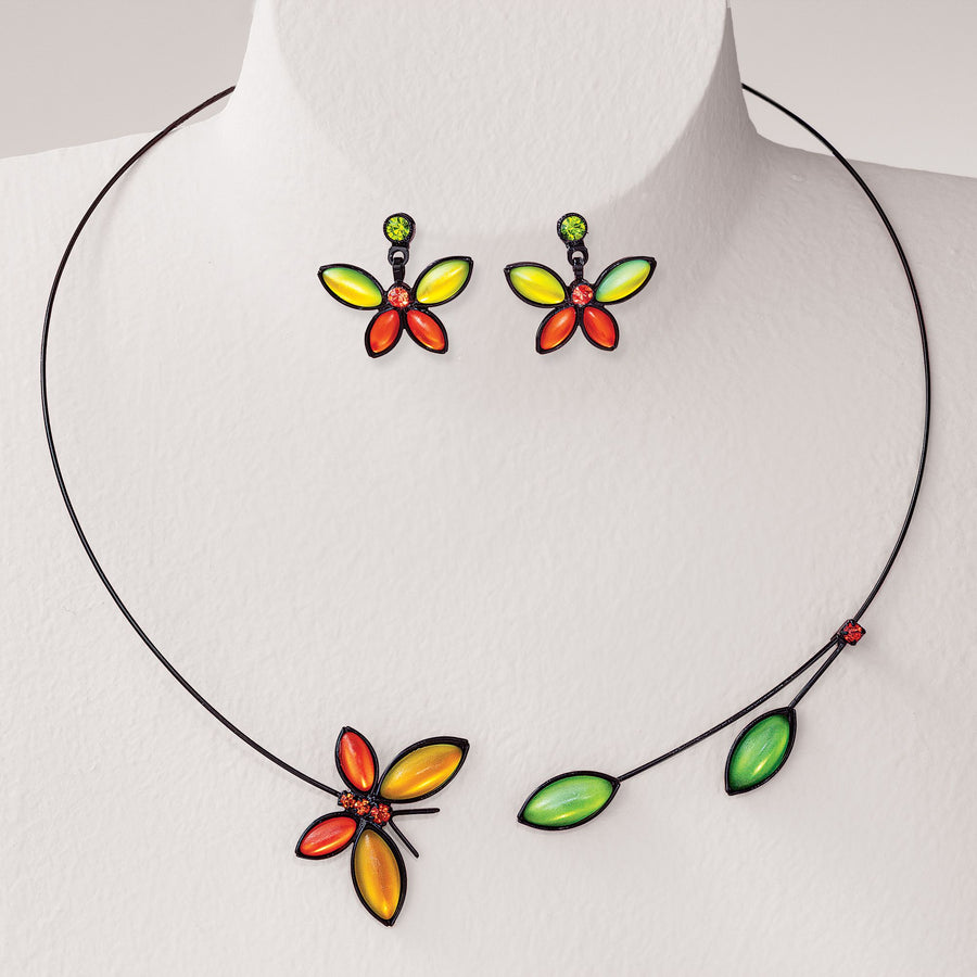 Czech Glass Leaves & Butterfly Multicolored Necklace & Earrings Set