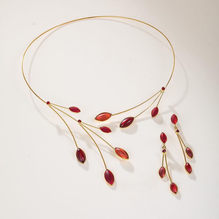 Czech Glass Leaves Red Necklace & Earrings Set