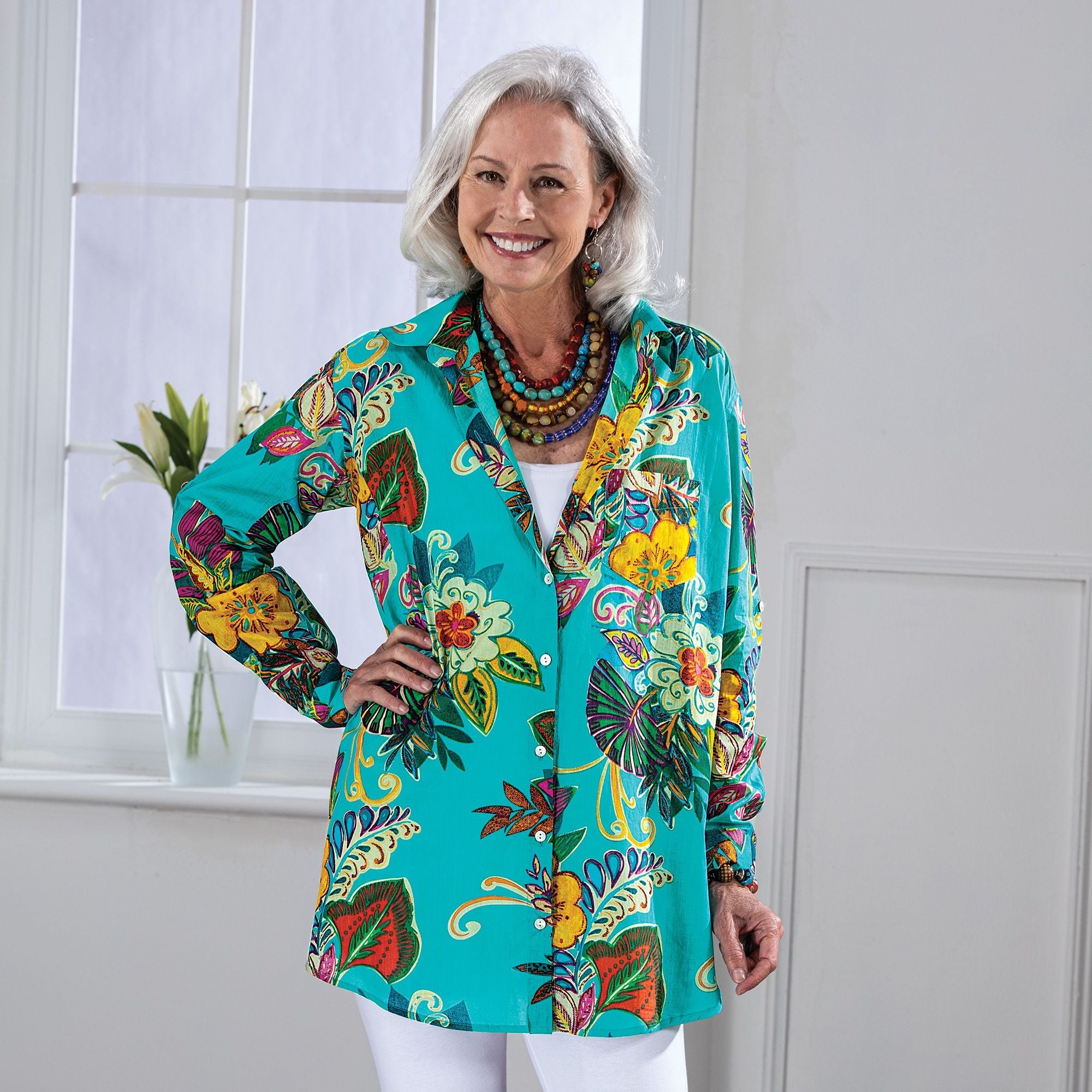 Aqua Tropical Print Blouse