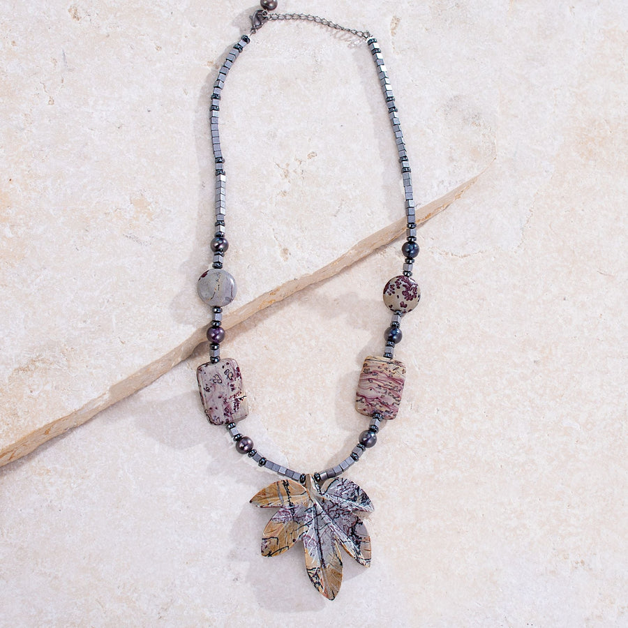 Grey Jasper Maple Leaf Pendant Necklace