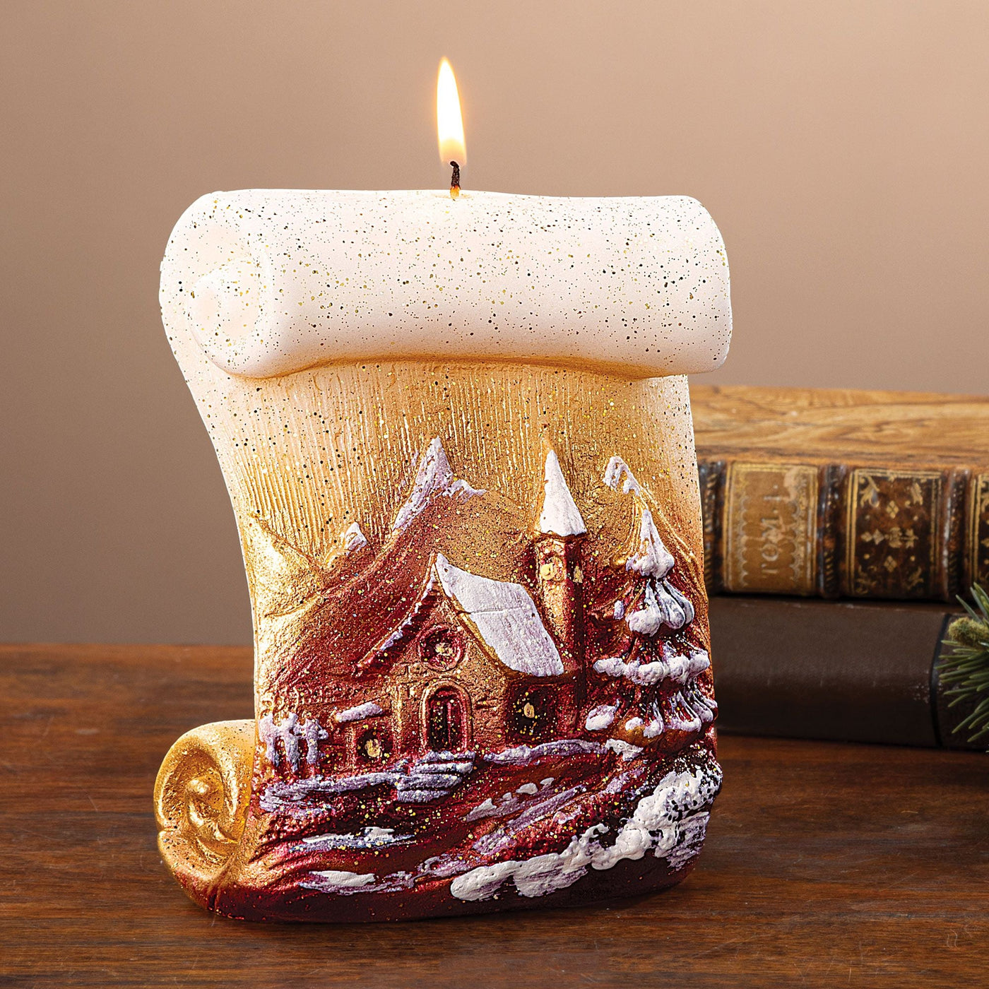 Hand-Painted Snowy Village Golden Scroll Candle (Preorder)