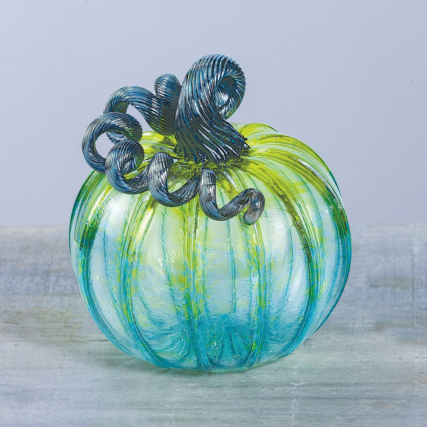 Hand-Blown Glass Fairy Tale Harvest Medium Teal Ombre Pumpkin