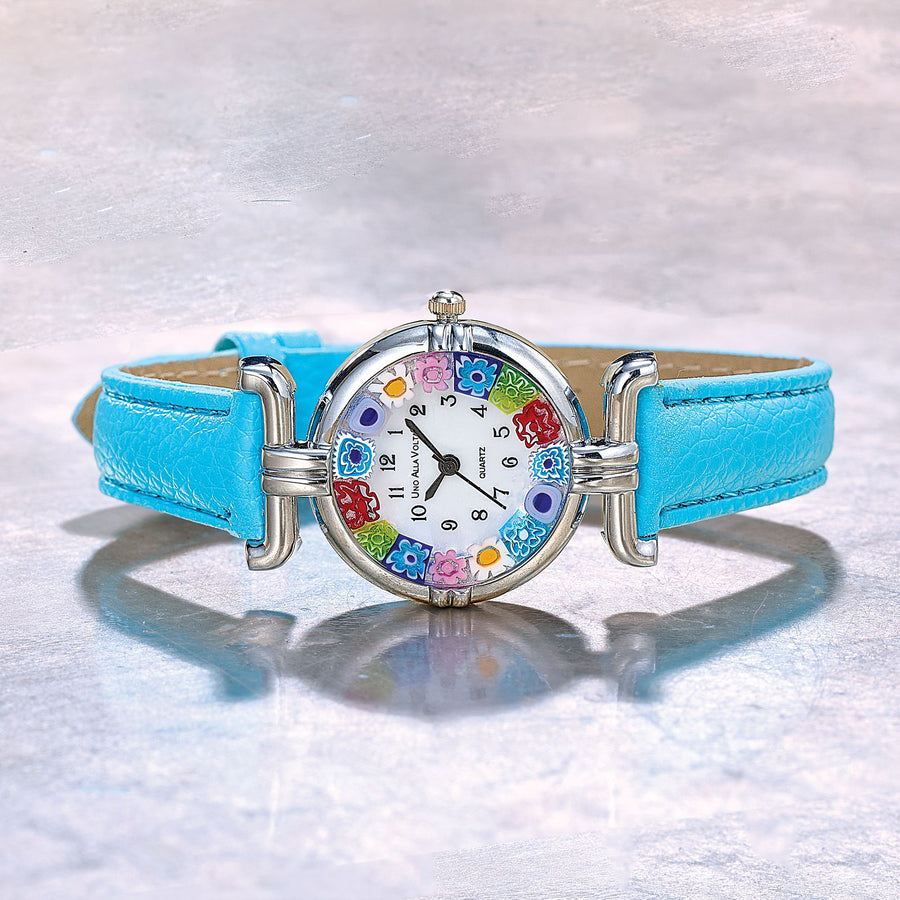 Murano Glass Rainbow Millefiori Watch With Aqua Leather Band