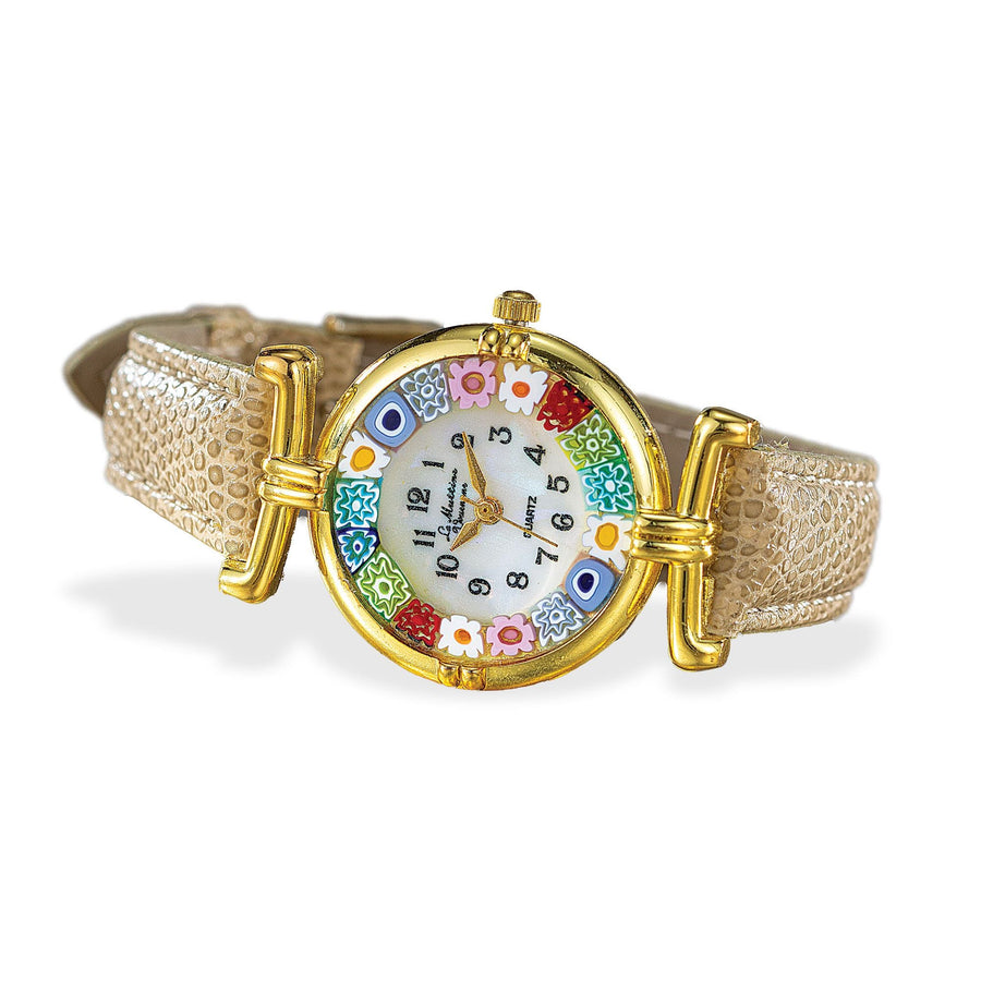 Murano Glass Millefiori Watch With Champagne Gold Leather Band