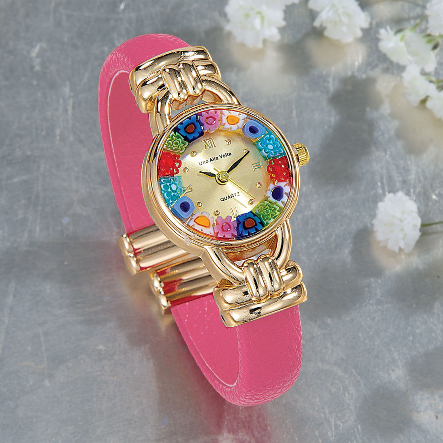 Murano Glass Millefiori Bright Pink Cuff Watch