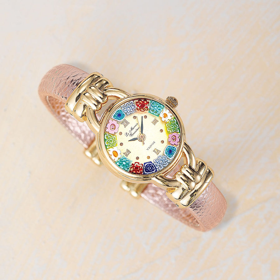 Murano Glass Millefiori Metallic Rose Gold Cuff Watch