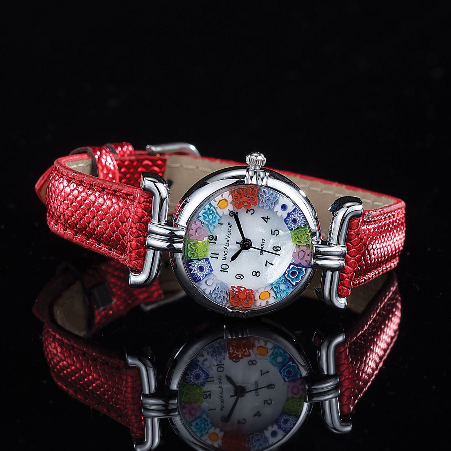 Murano Glass Millefiori Watch With Metallic Red Leather Band