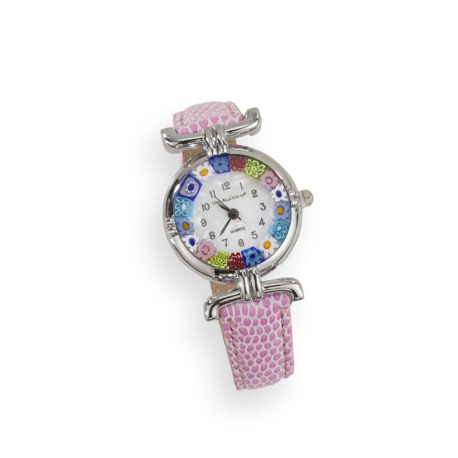 Murano Glass Millefiori Watch With Light Pink Leather Band