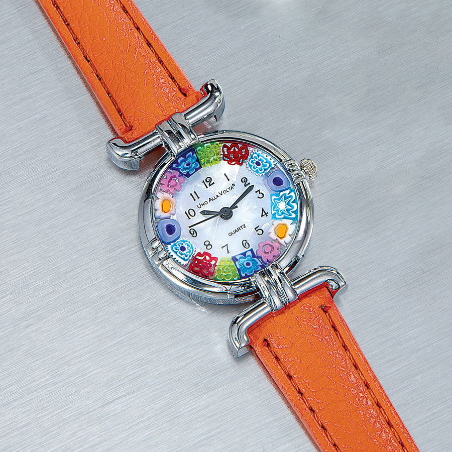 Murano Glass Rainbow Millefiori Watch With Orange Leather Band