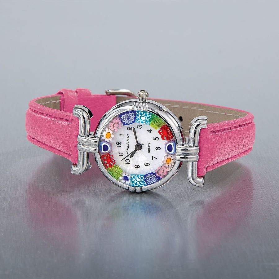 Murano Glass Millefiori Watch With Rose Pink Leather Band