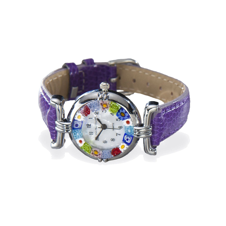 Murano Glass Millefiori Watch With Purple Leather Band