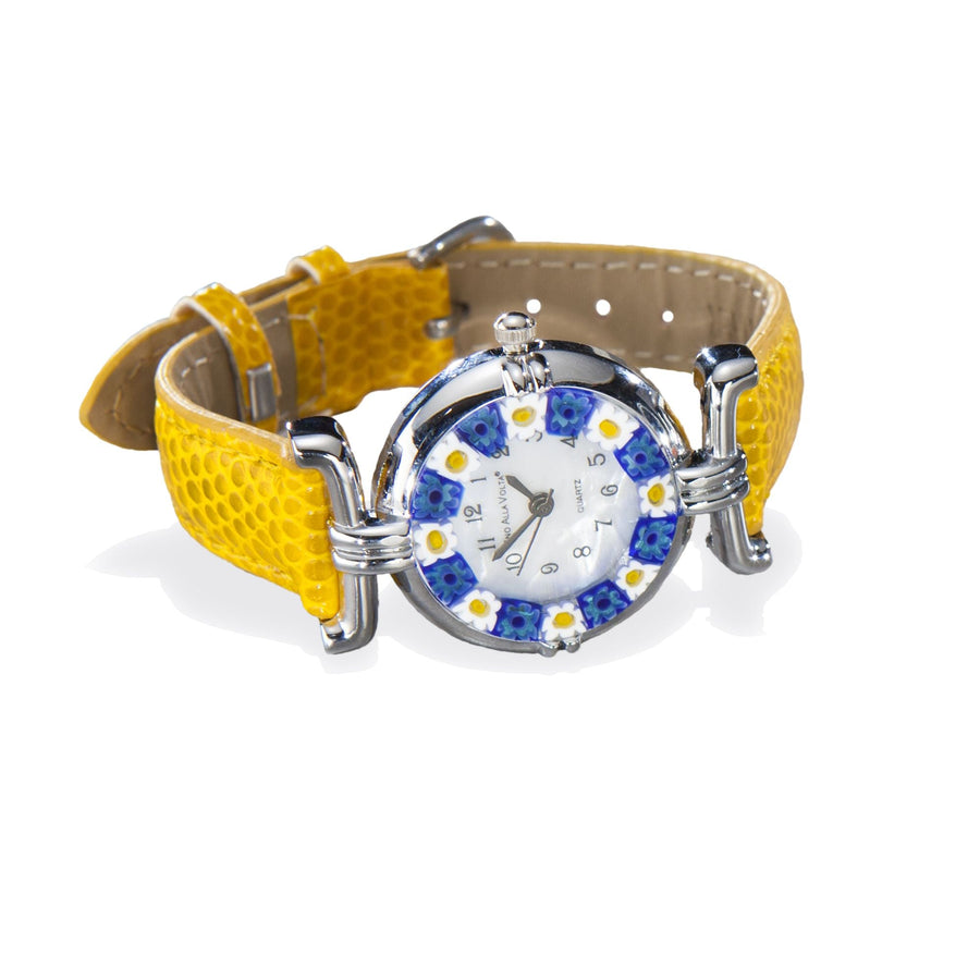 Murano Glass Millefiori Yellow & Blue Watch With Yellow Leather Band