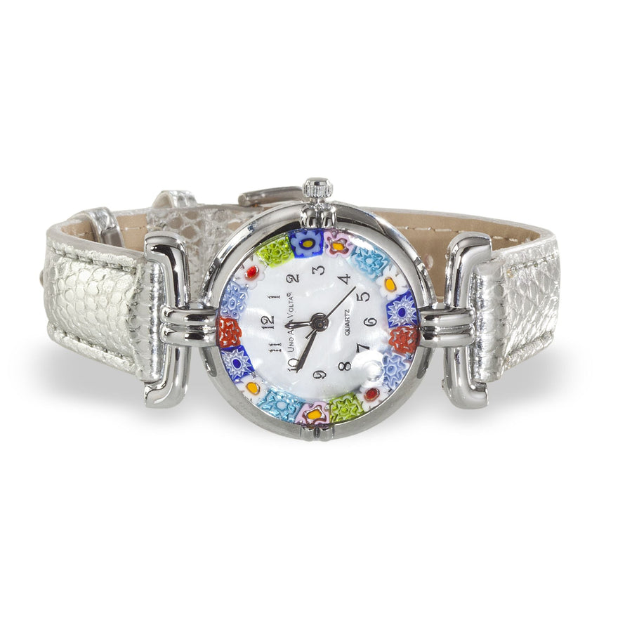 Murano Glass Millefiori Watch With Metallic Silver Leather Band