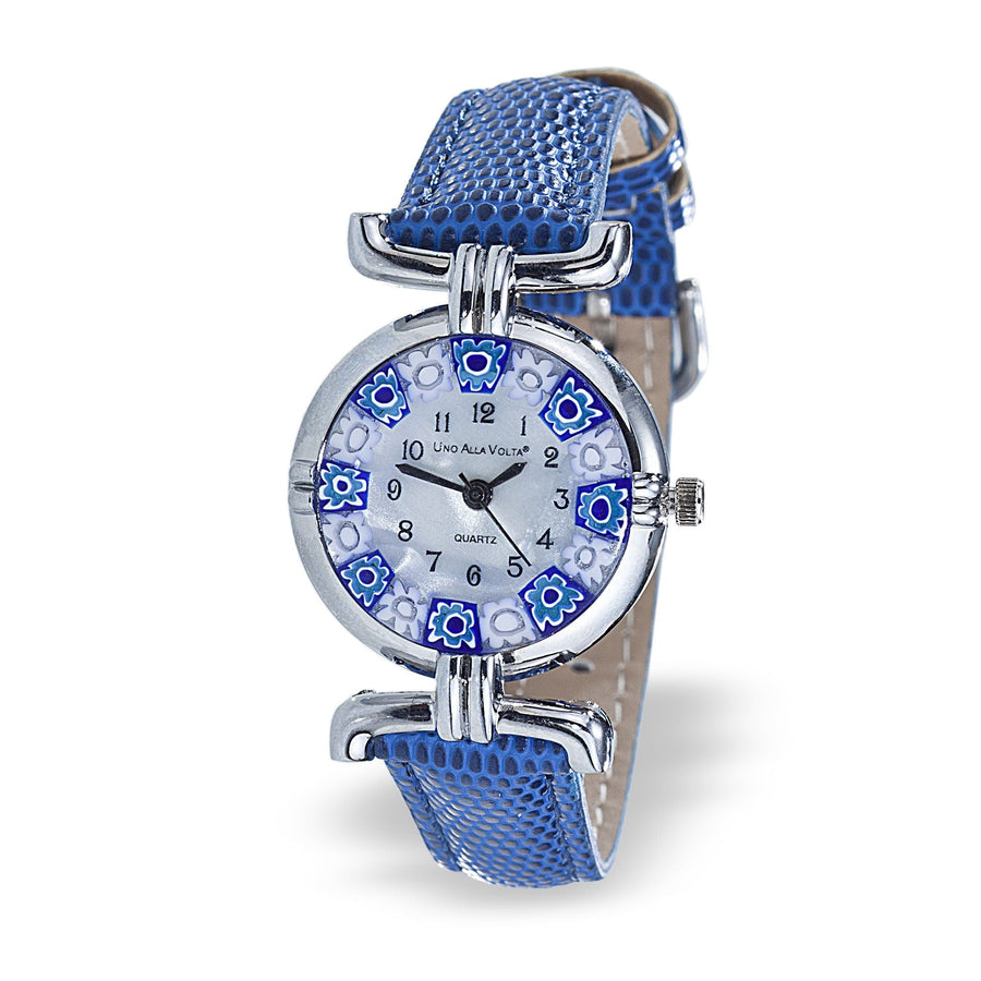Murano Glass Millefiori Blue & White Watch With Blue Leather Band