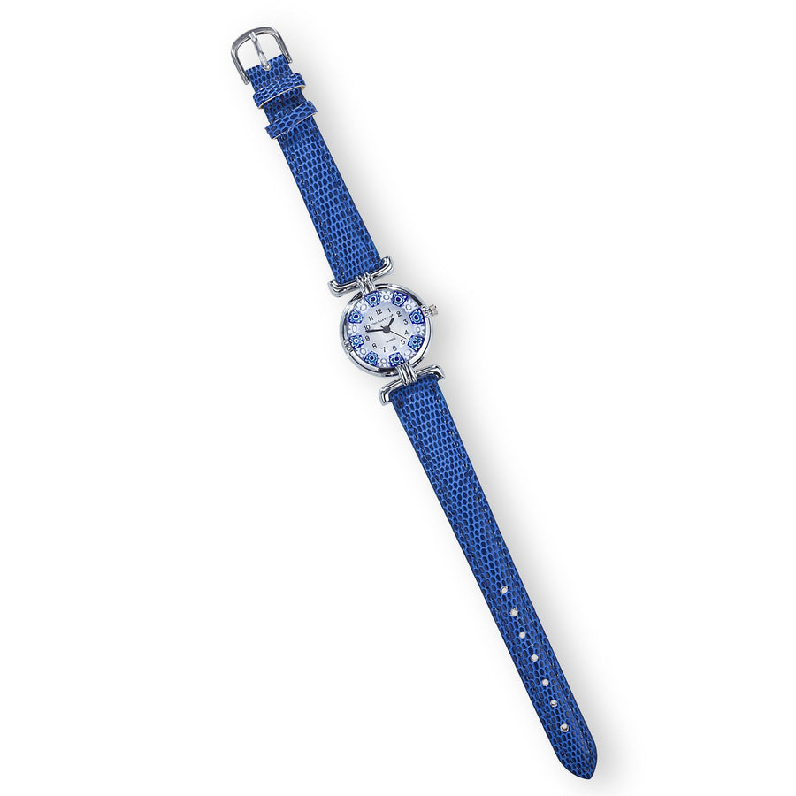 Murano Glass Millefiori Blue & White Watch With Blue Leather Band