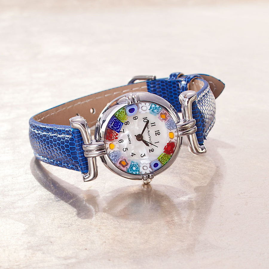 Murano Glass Millefiori Watch With Blue Leather Band
