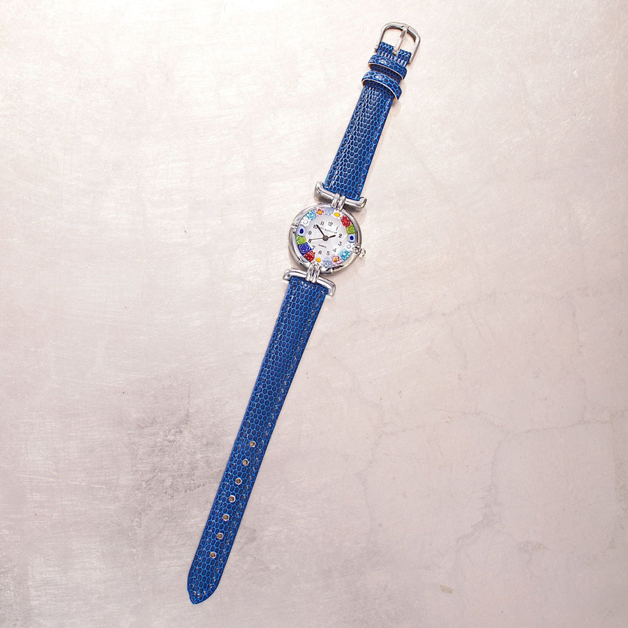 Murano Glass Millefiori Watch With Blue Leather Band