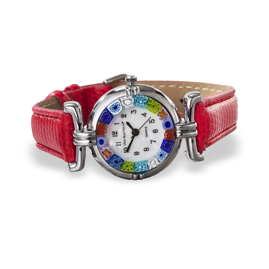 Murano Glass Millefiori Watch With Red Leather Band