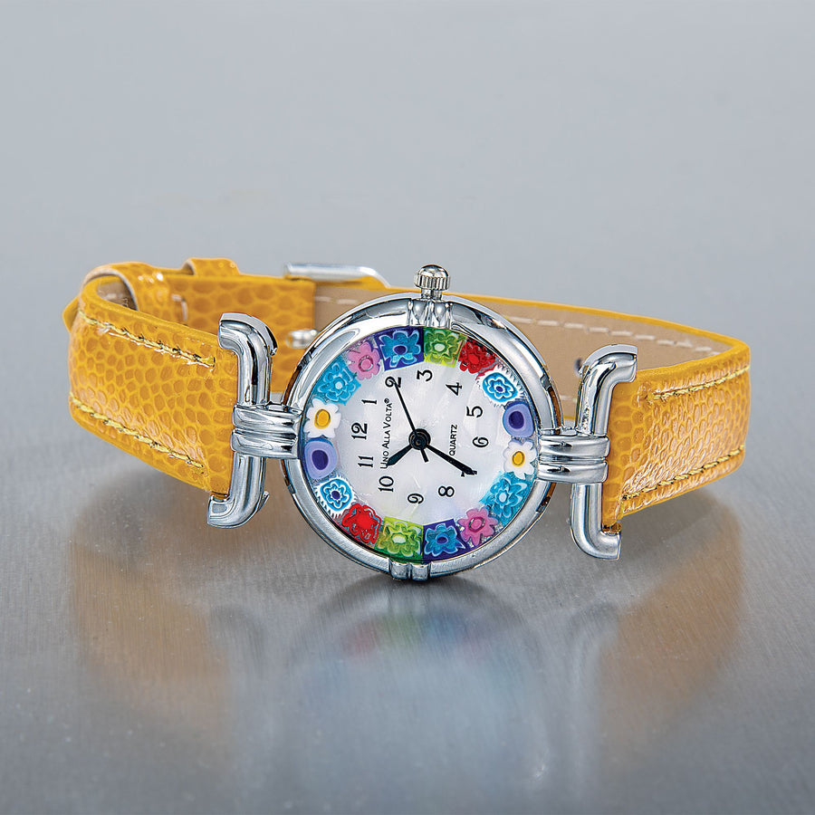 Murano Glass Rainbow Millefiori Watch With Yellow Leather Band