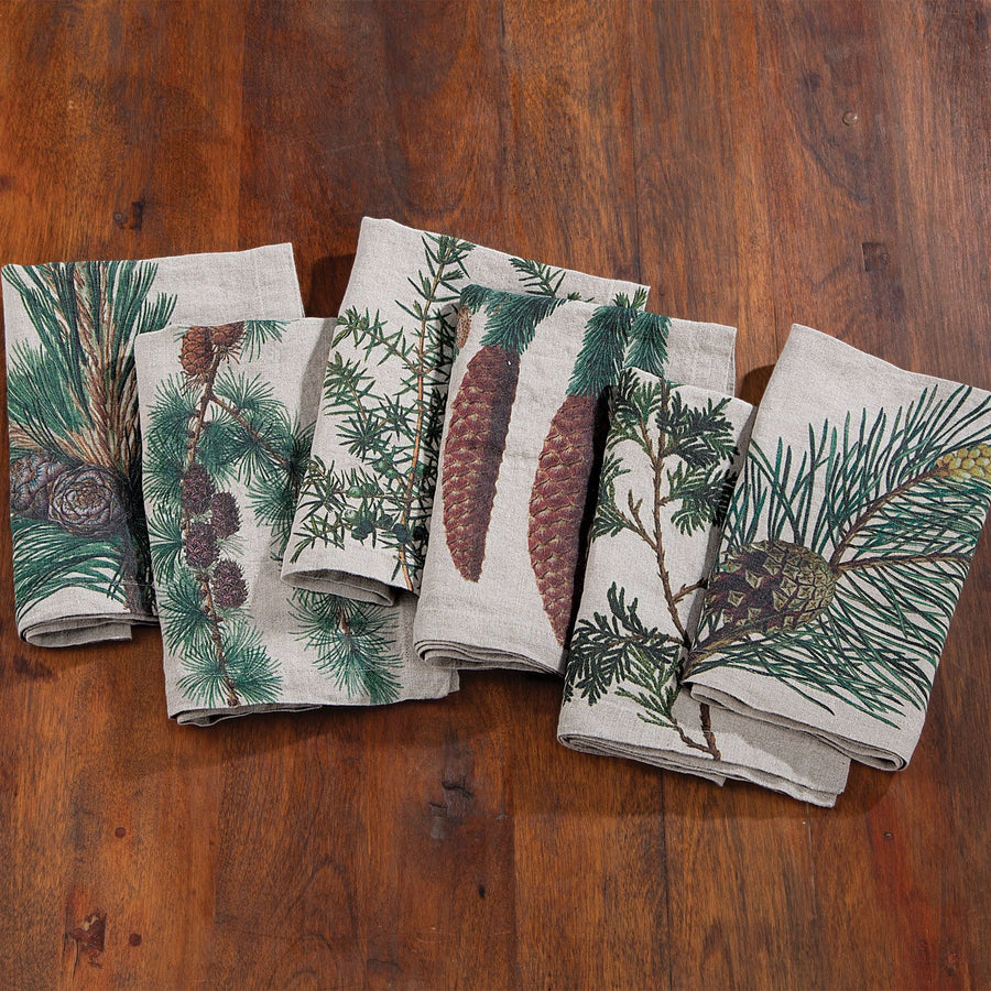 Winter Pine Mixed Designs Natural Linen Napkins Set Of 6