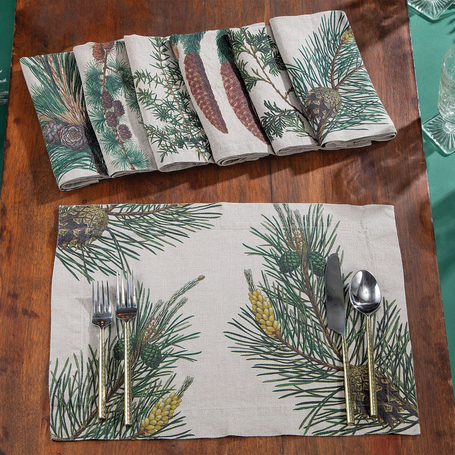 Winter Pine Mixed Designs Natural Linen Napkins Set Of 6