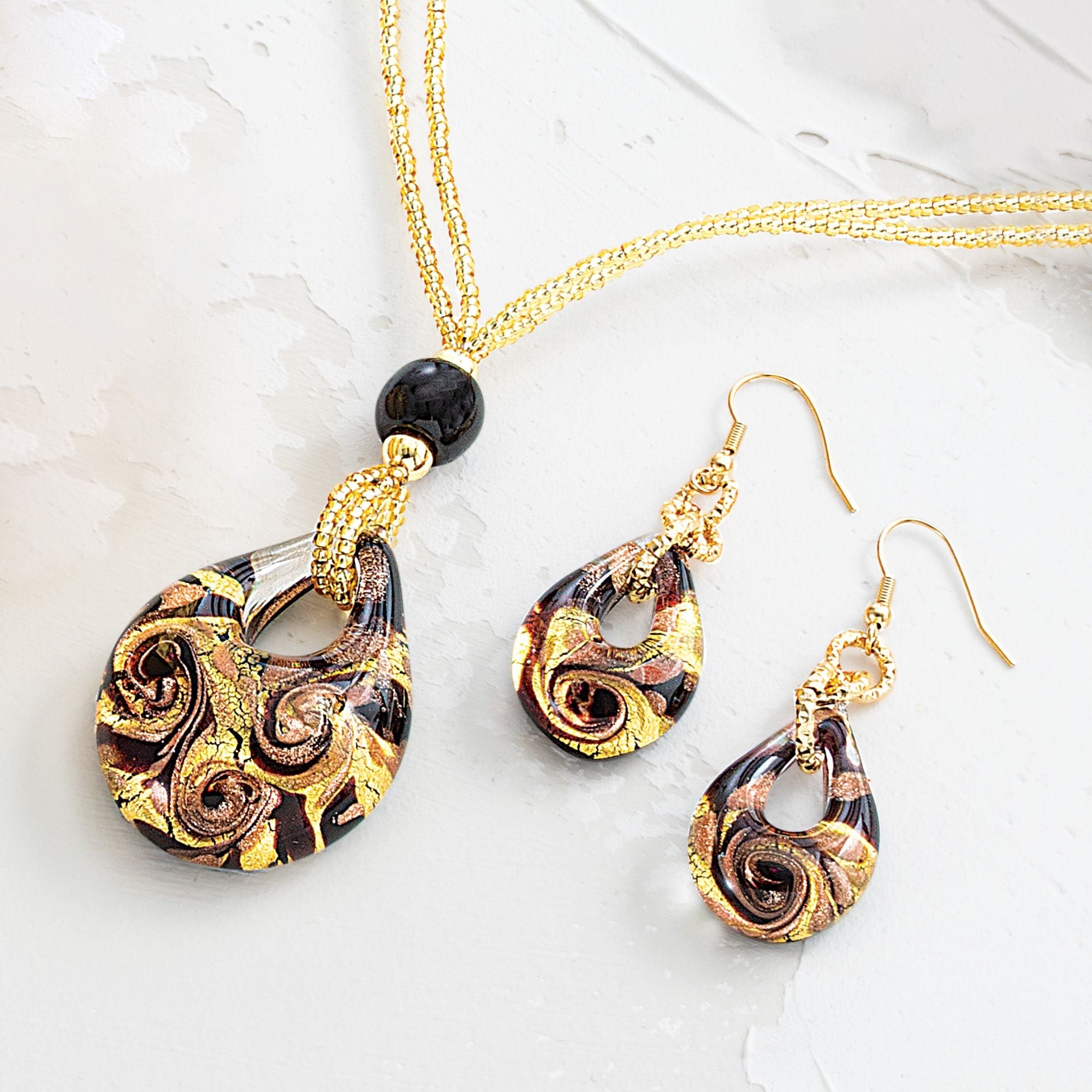 Golden Twirls Murano Glass Necklace & Earrings Set 