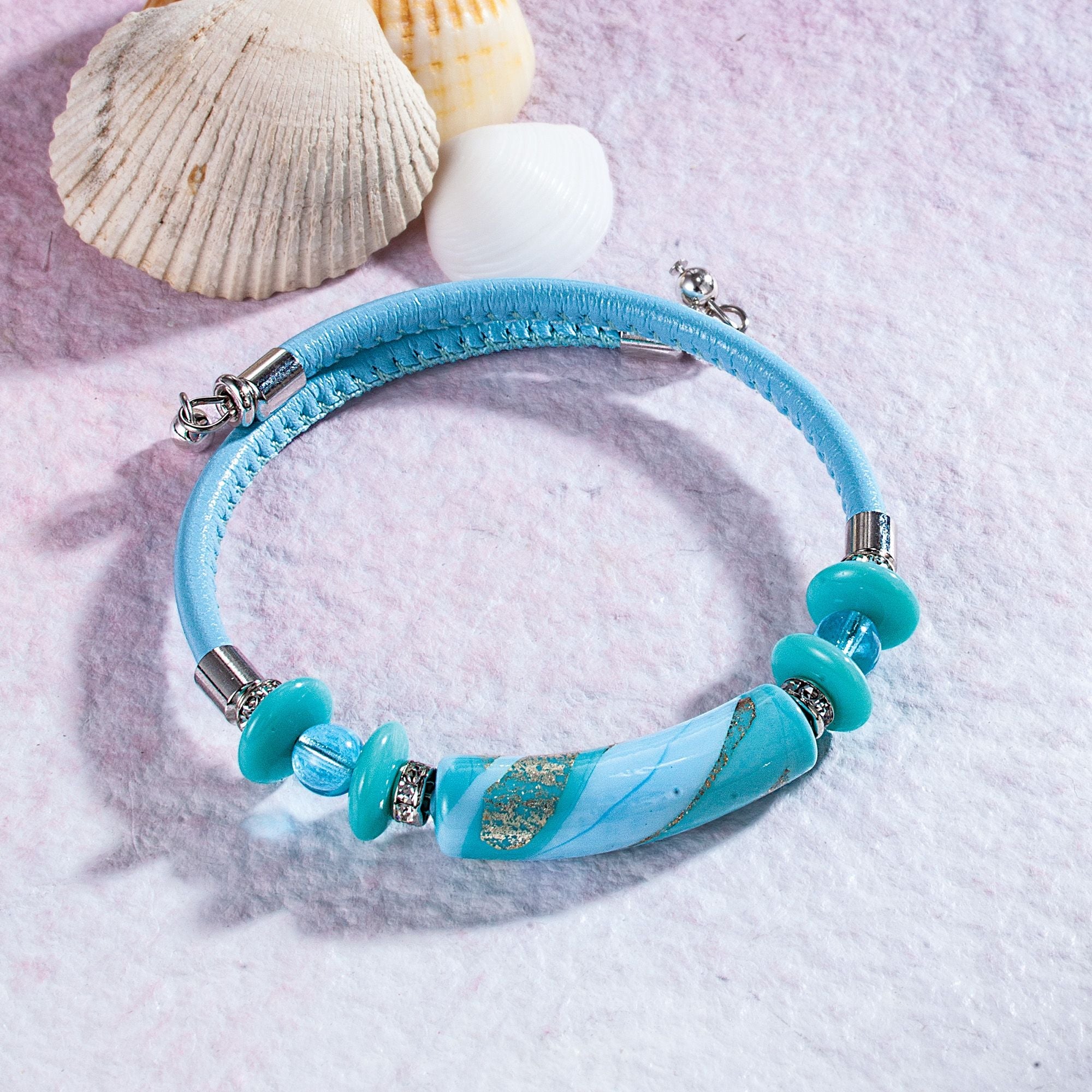 Murano Glass & Light Blue Leather Beaded Memory Wire Bracelet