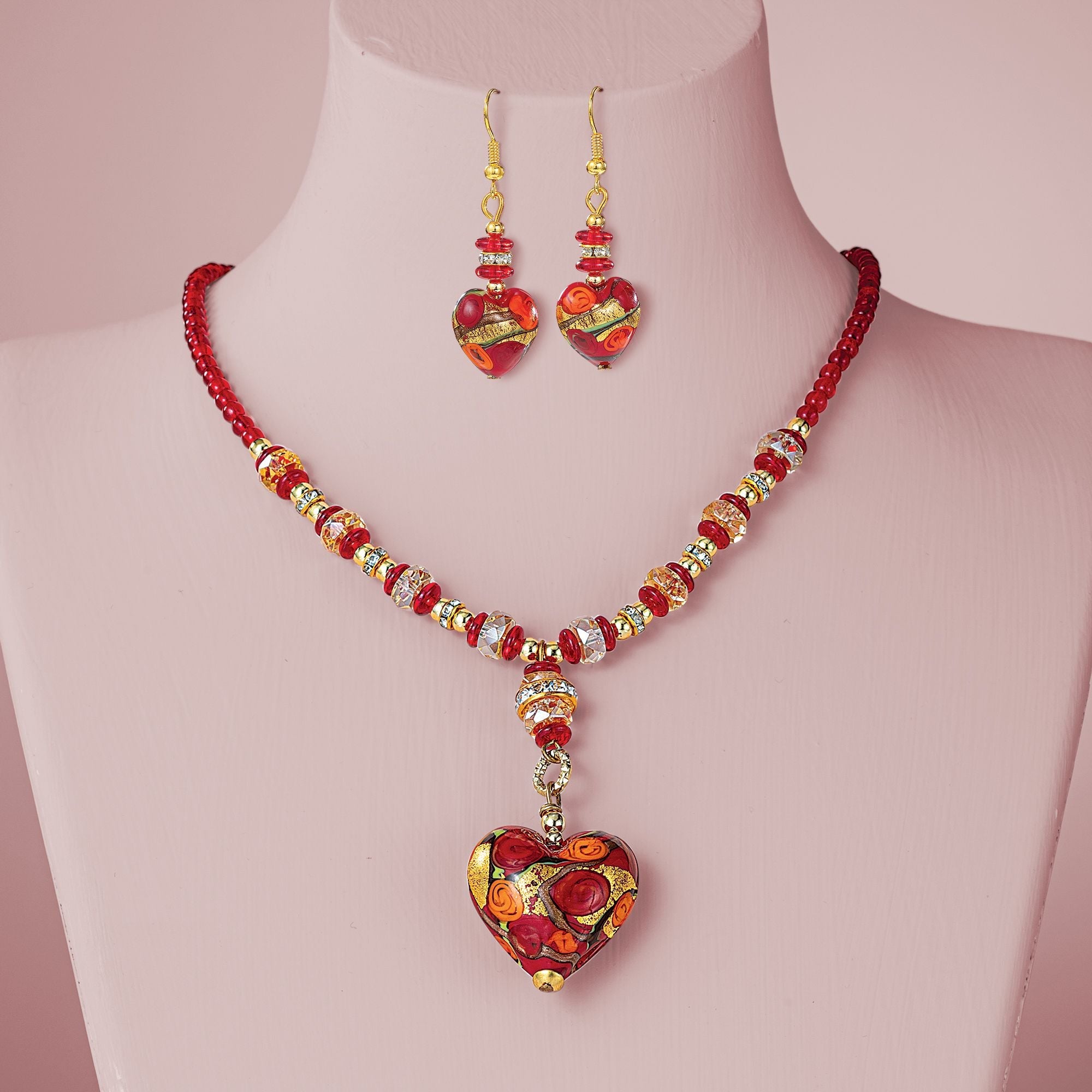 Red Rosies & Posies Murano Glass Necklace & Earrings Set