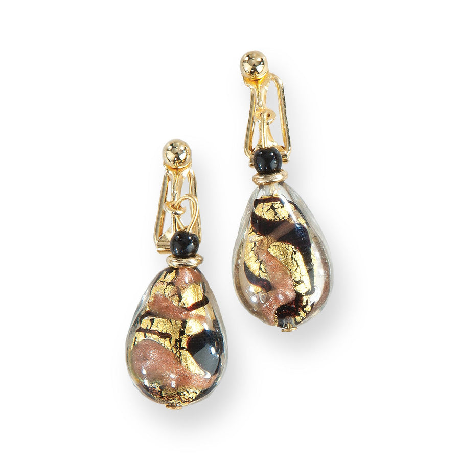 Murano Glass Black Golden Elegance Clip-On Earrings