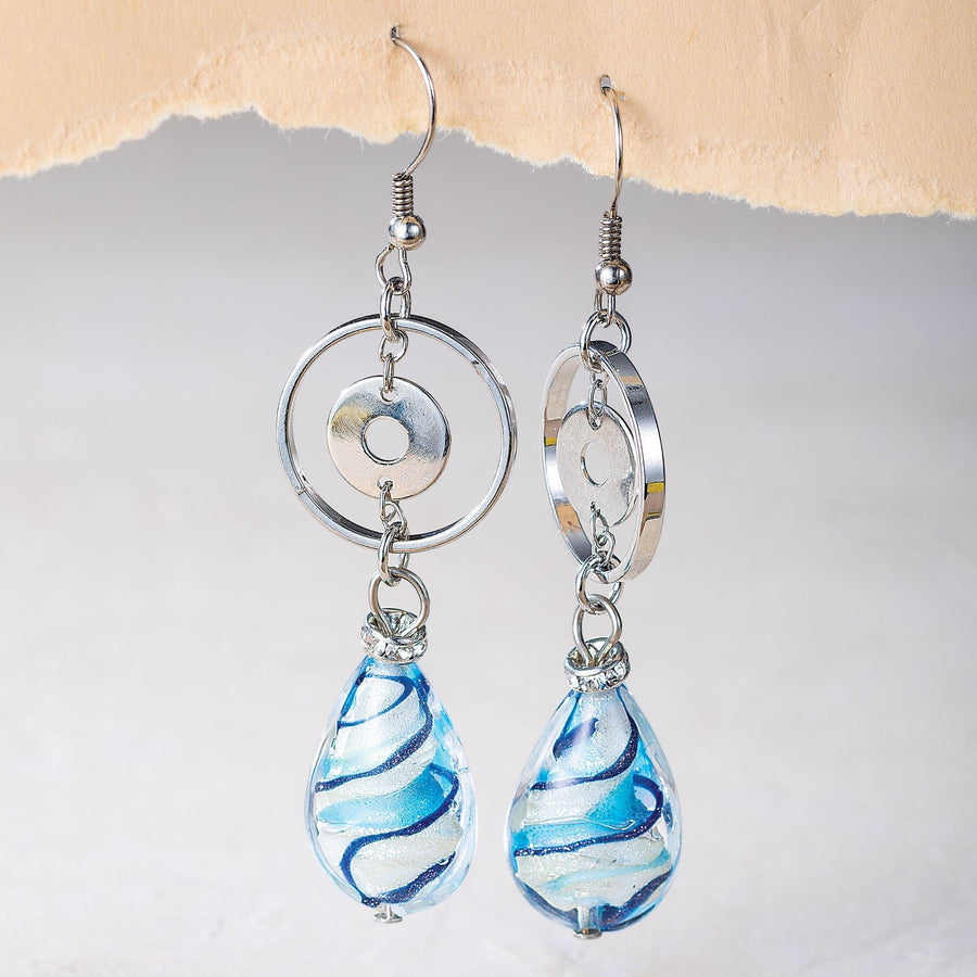 Aqua & Silver Murano Glass Swirl Earrings