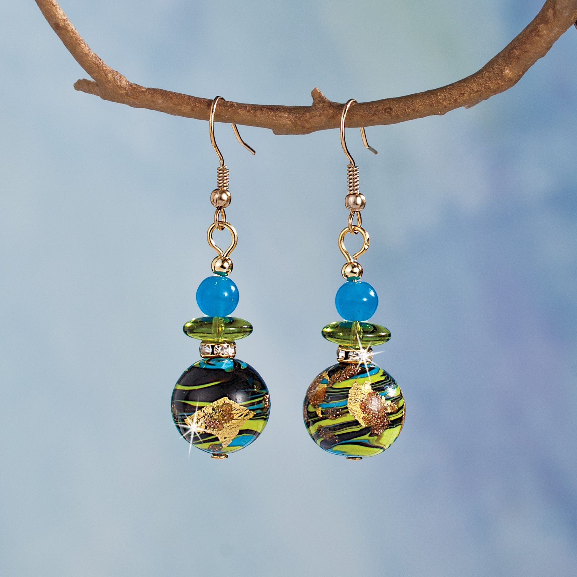 Murano Glass Aqua & Lime Beaded Earrings 