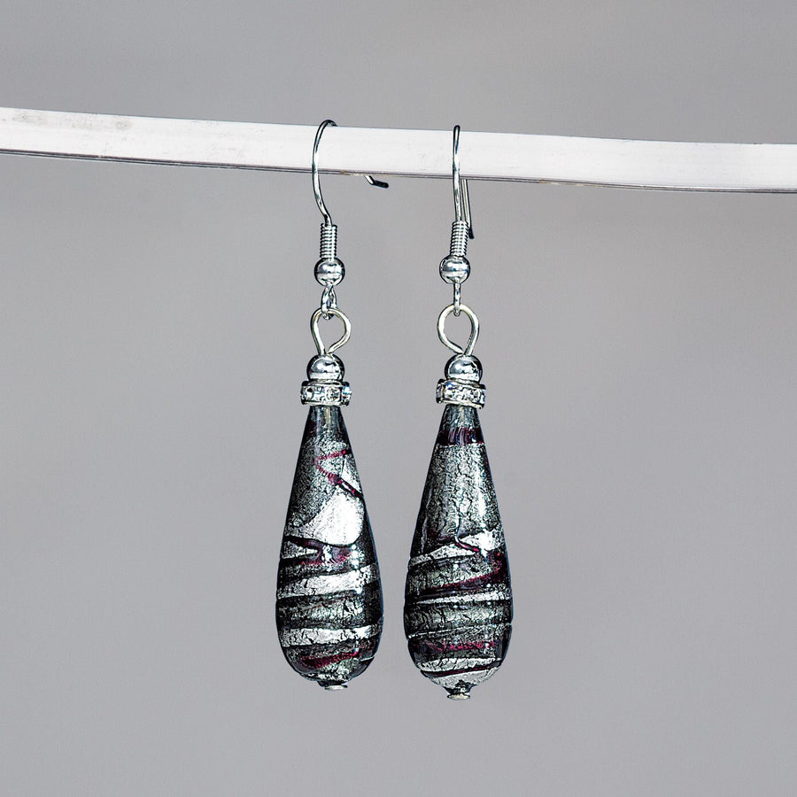 Black & Silver Swirling Murano Glass Earrings