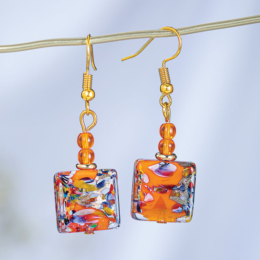 Murano Glass Orange Fair & Square Earrings