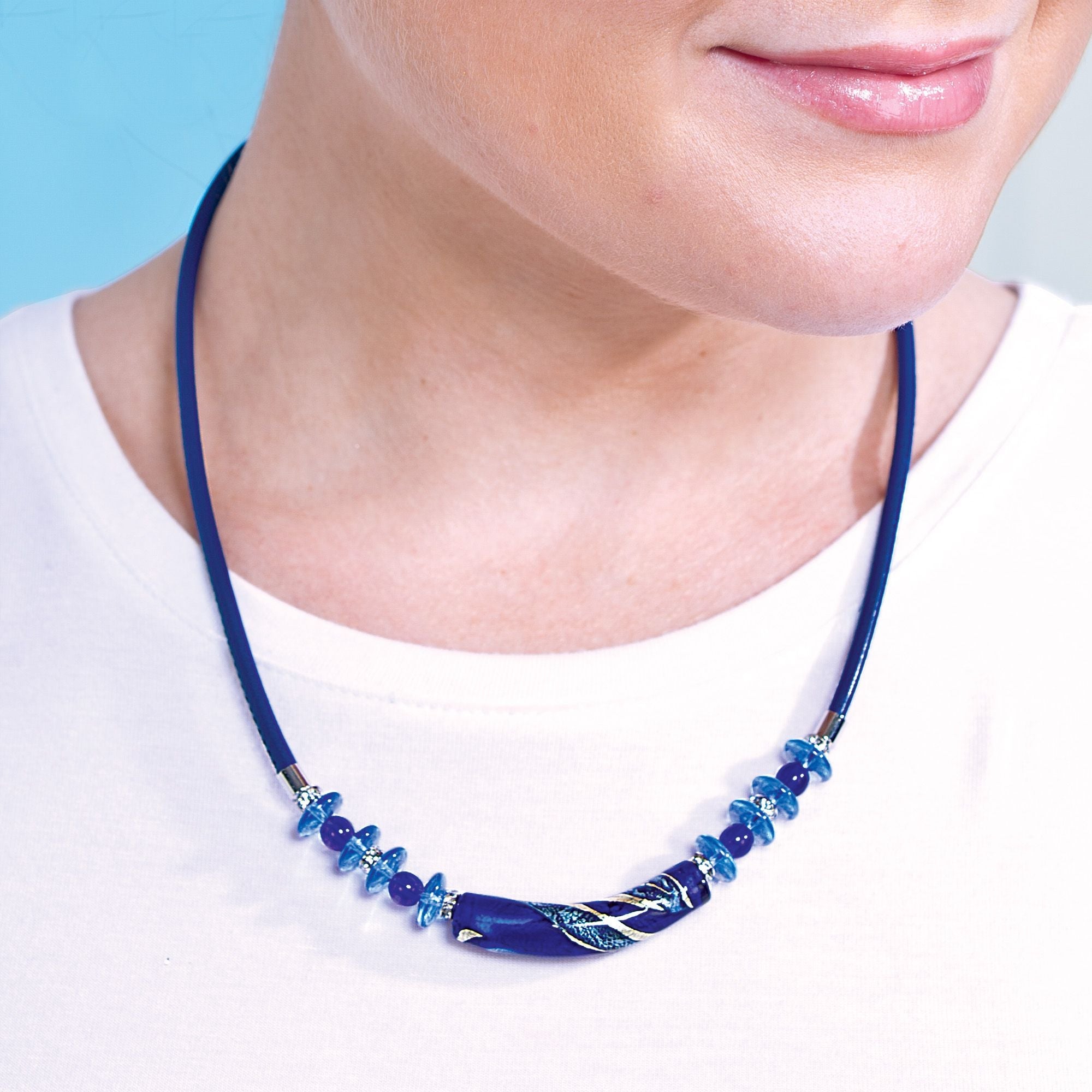 Murano Glass & Cobalt Leather Bar Necklace