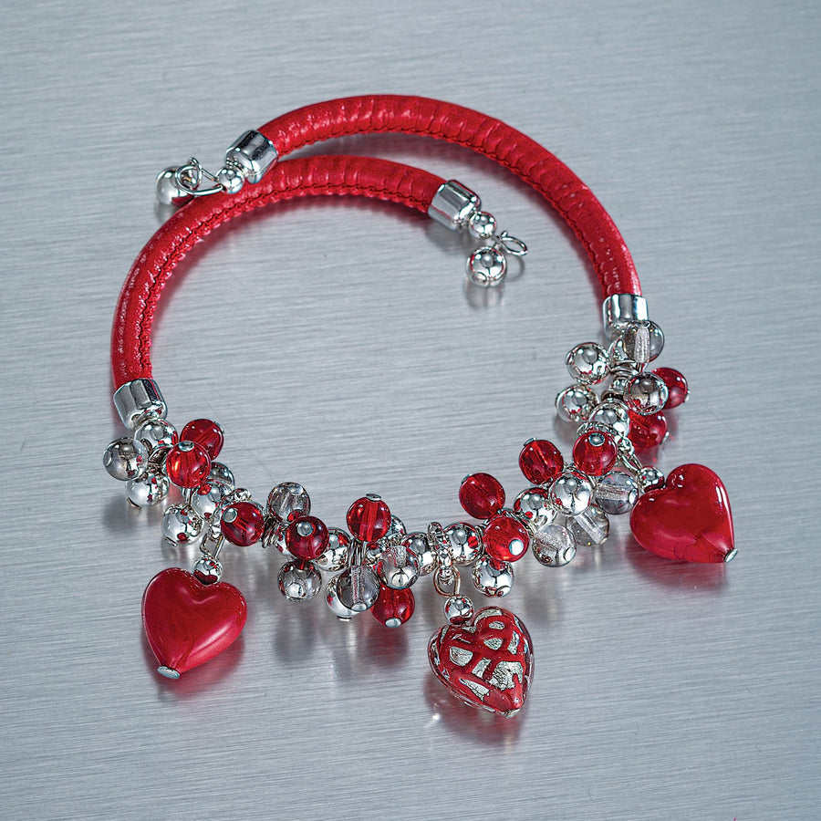 Red Heart Charms Murano Glass Memory Wire Bracelet