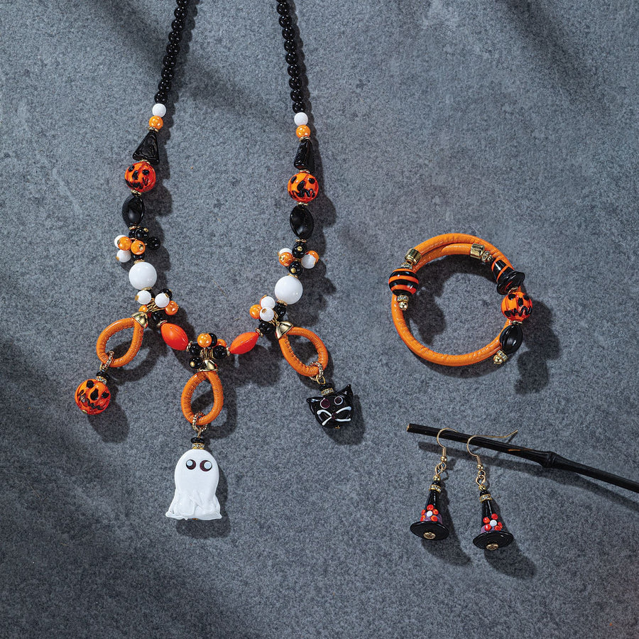 Murano Glass Halloween Spirits Leather Memory Wire Bracelet