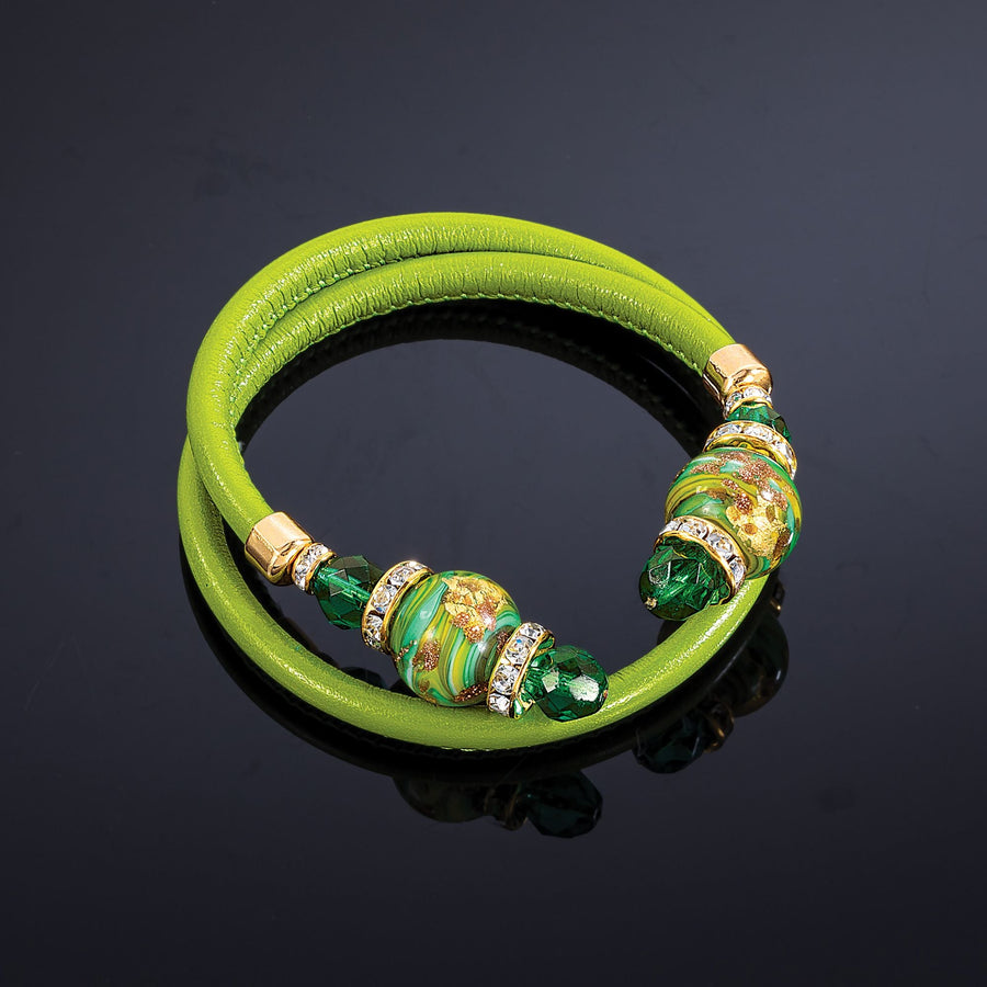 Murano Glass Green Embellished Ends Leather Bracelet
