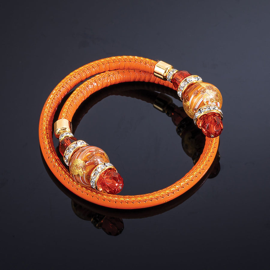 Murano Glass Orange Embellished Ends Leather Bracelet