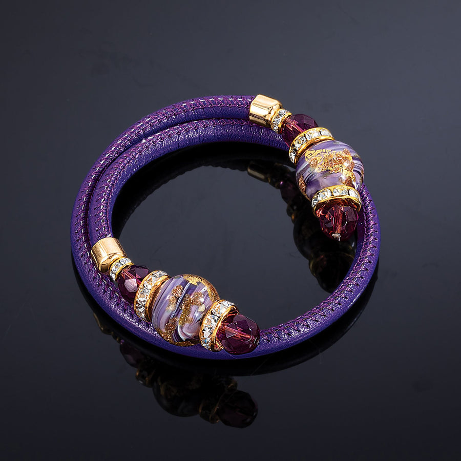 Murano Glass Purple Embellished Ends Leather Bracelet