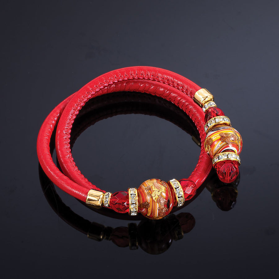 Murano Glass Red Embellished Ends Leather Bracelet