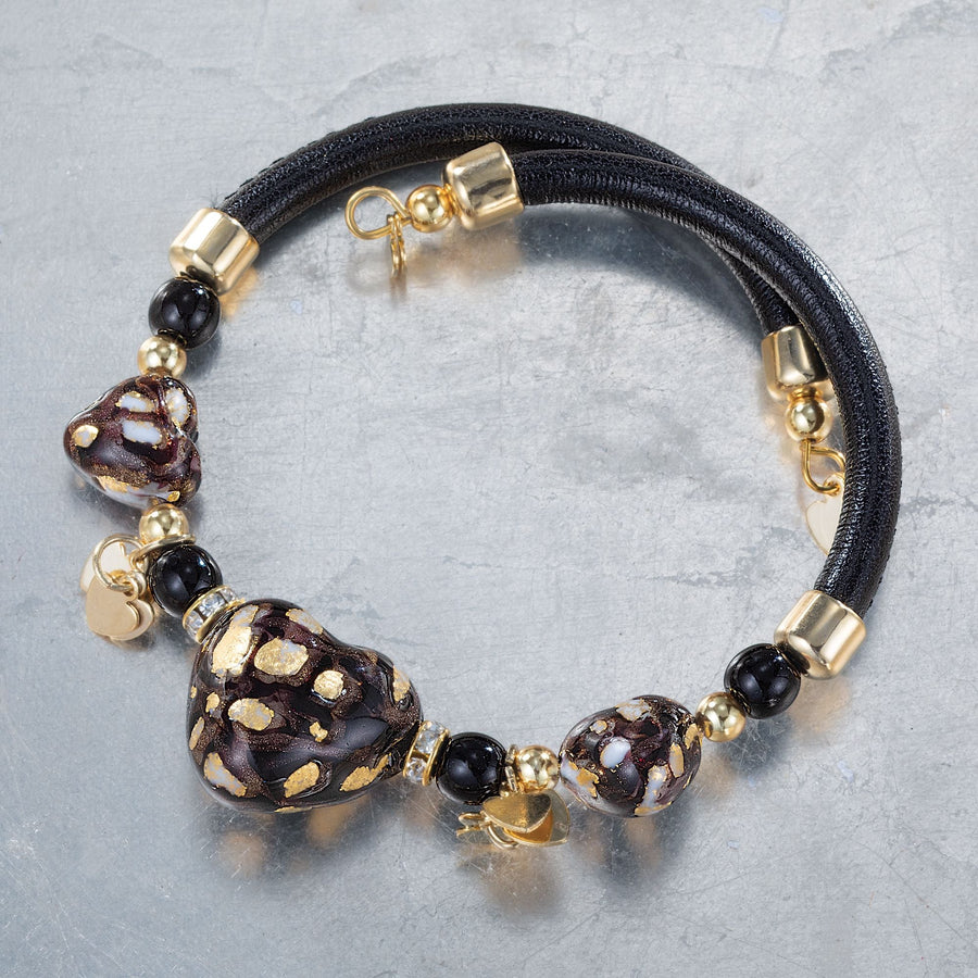 Murano Glass Black & Gold Swirled Hearts Leather Bracelet