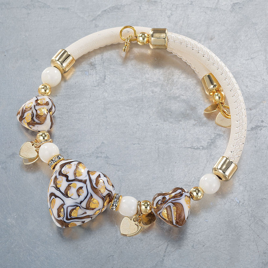 Murano Glass Ivory & Gold Swirled Hearts Leather Bracelet