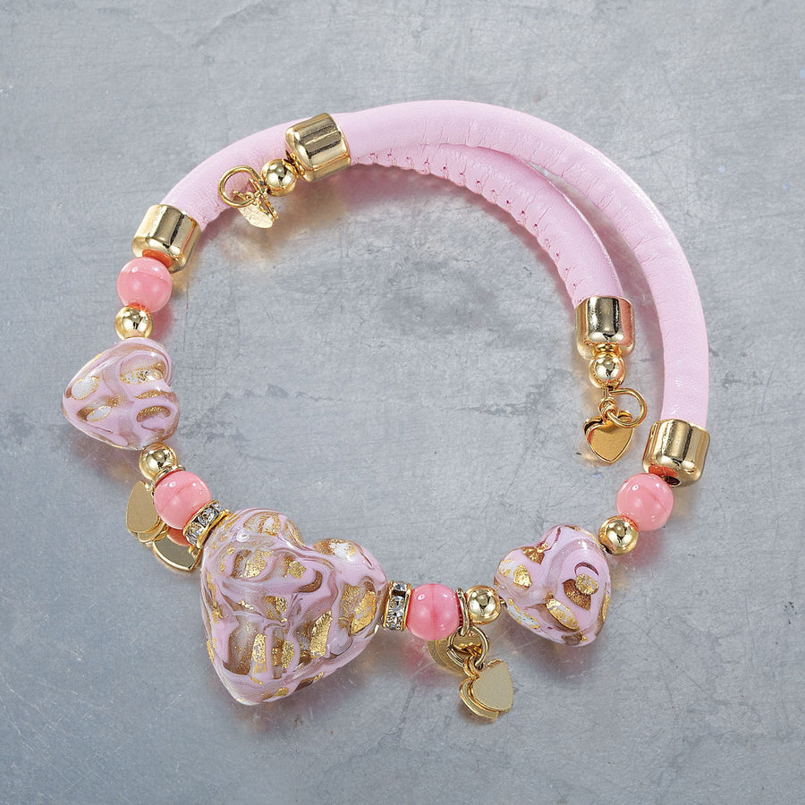 Murano Glass Pink & Gold Swirled Hearts Leather Bracelet (Preorder)