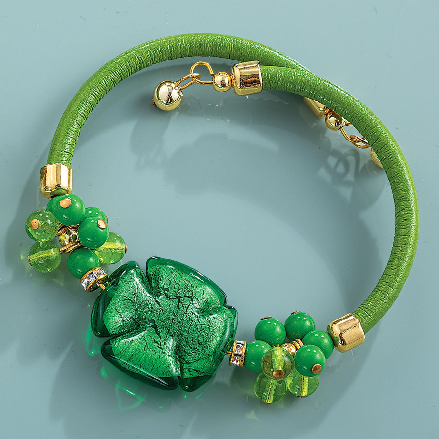 Murano Glass Shimmering Clover Green Memory Wire Bracelet