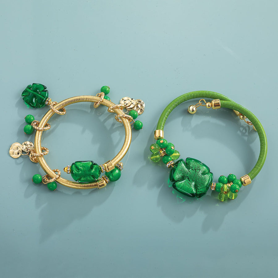 Murano Glass Shimmering Clover Green Memory Wire Bracelet