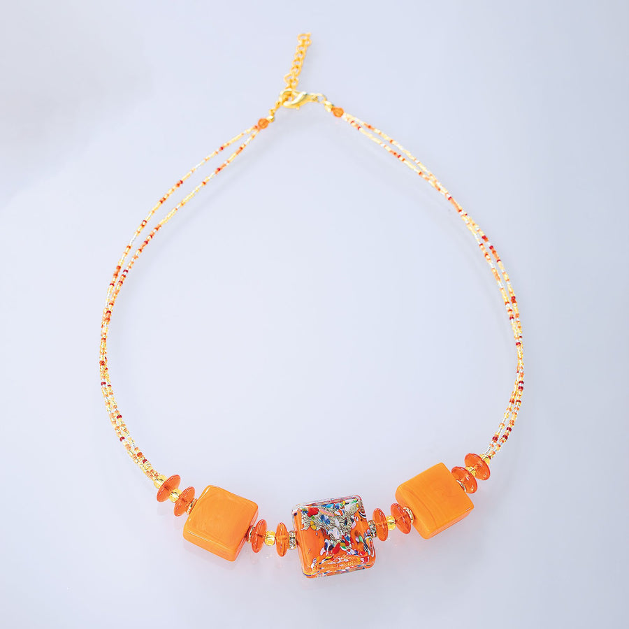 Murano Glass Orange Fair & Square Necklace