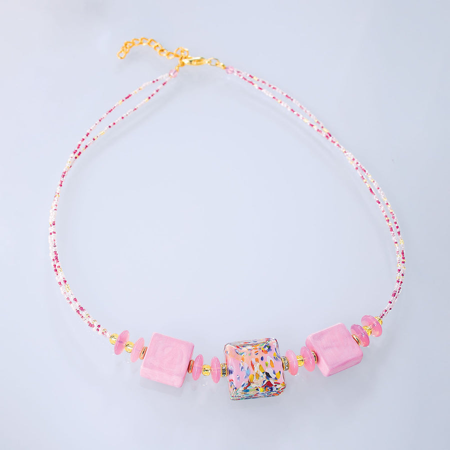 Murano Glass Pink Fair & Square Necklace