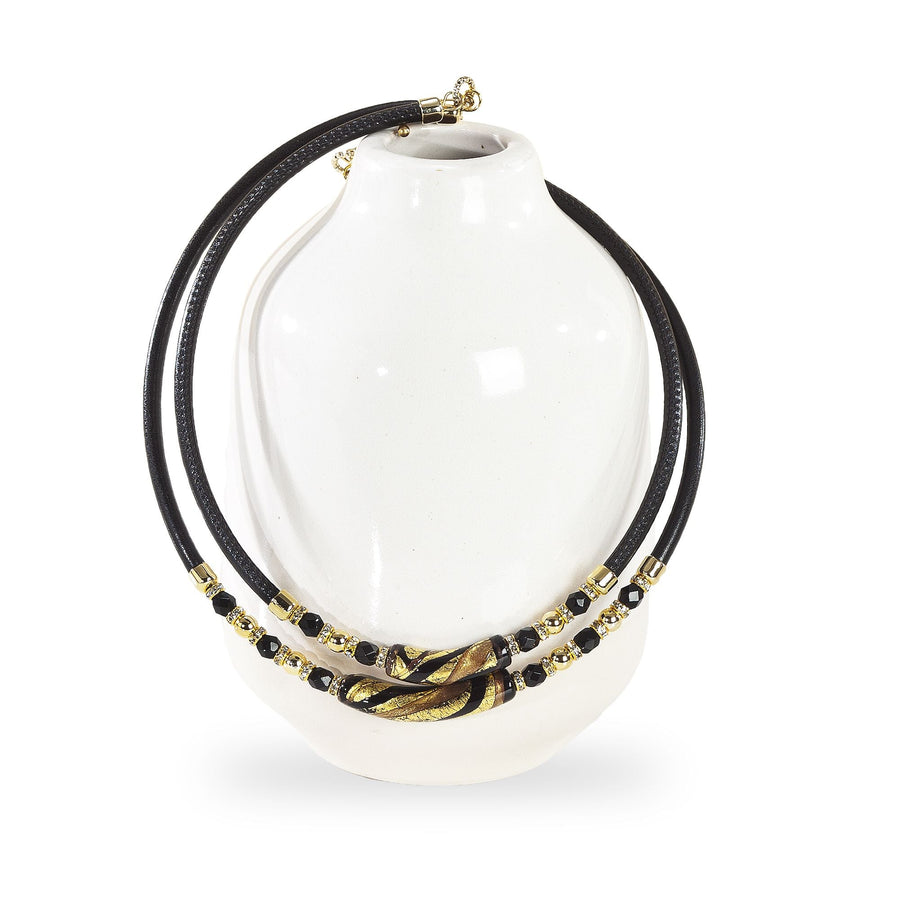 Murano Glass Black Leather Memory Wire Necklace Golden Elegance Collection