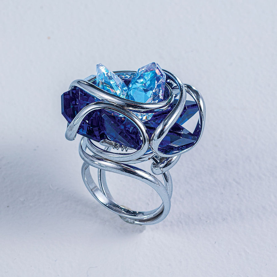 Blue Floral Crystal Abstract Ring