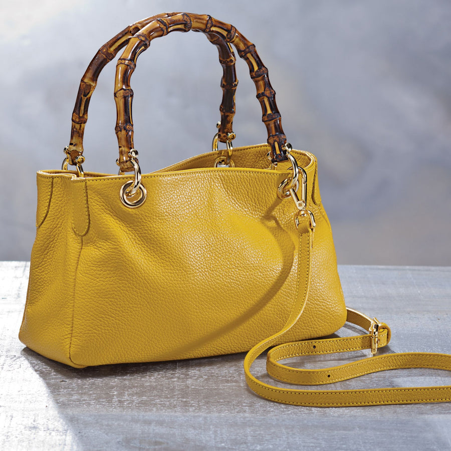 Florentine Leather Mustard Handbag With Bamboo Handles